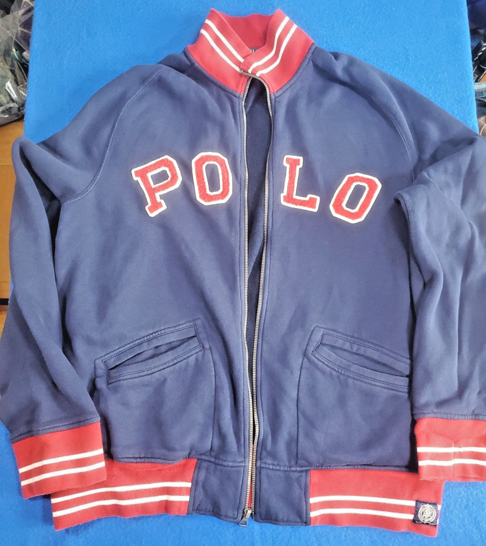 Polo Ralph Lauren Track Jacket Mens XL Navy Red Varsity Spellout Fleece Zip 67